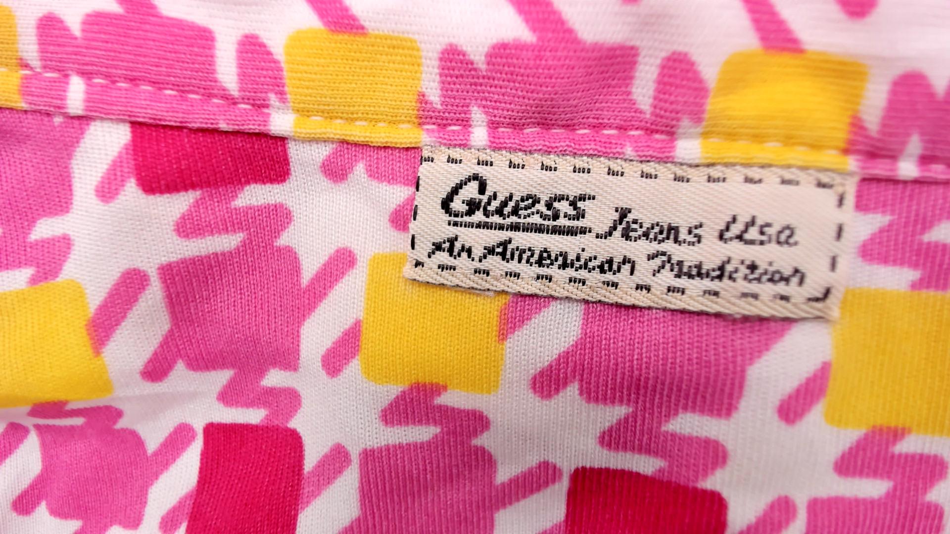 90s Guess Geometric Square Print Button Blouse Pink Yellow Small S
