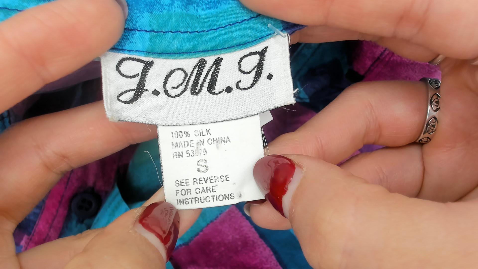 90s Silk Button Up Shirt Abstract Brushstroke Print Turquoise Pink Purple Small
