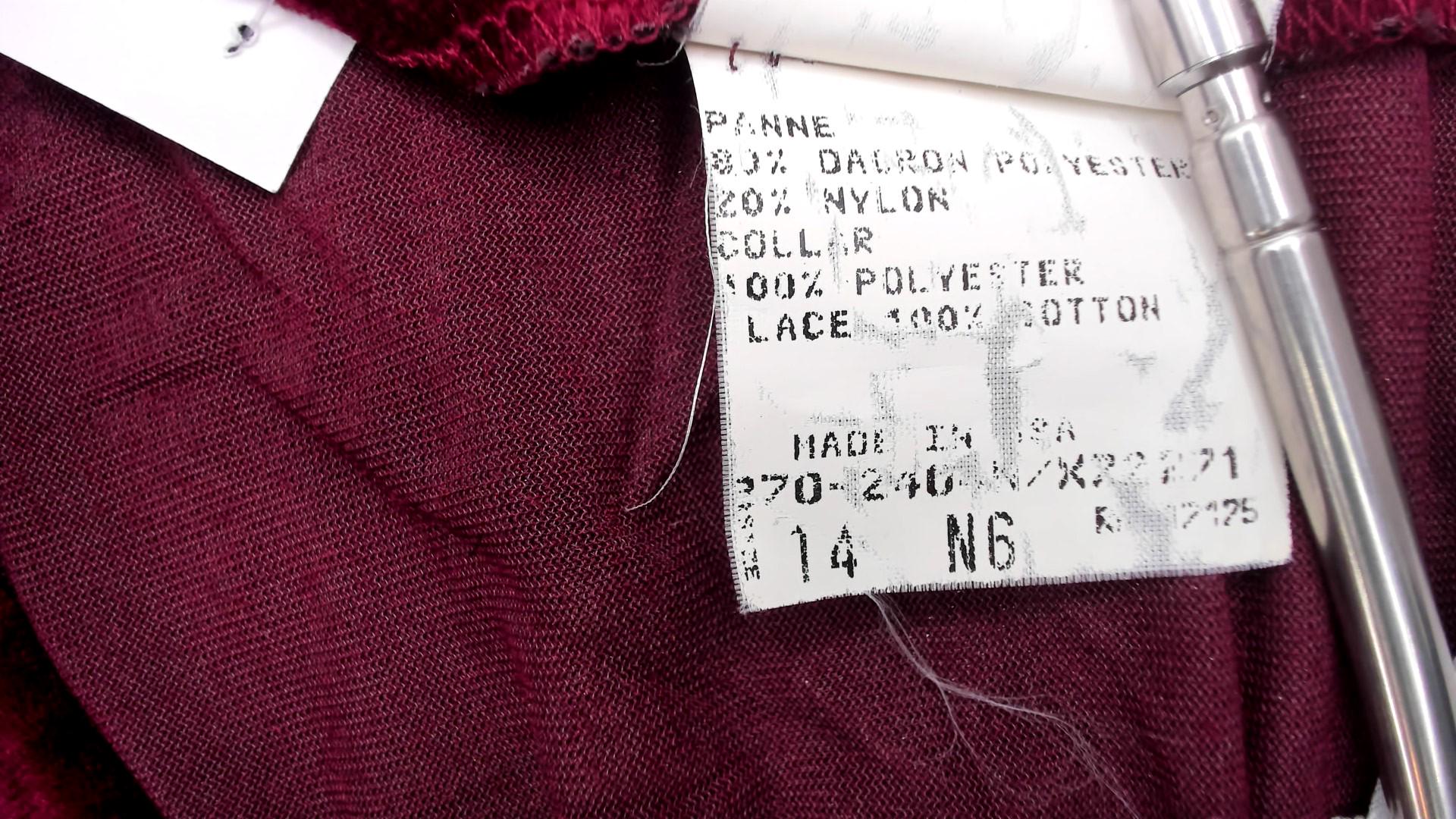 90s Burgundy Velvet Midi Dress White Lace Collar Drop Waist Puff Sleeves Large
