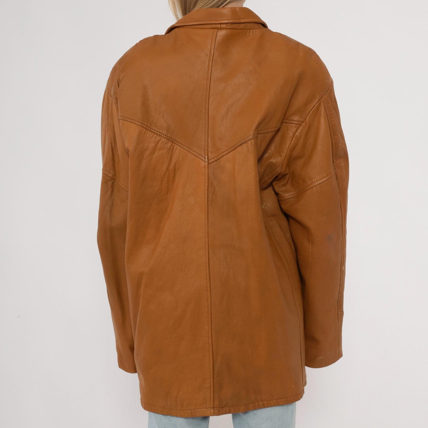 80s Camel Leather Blazer Button Front Patch Pockets Long Sleeve Large L