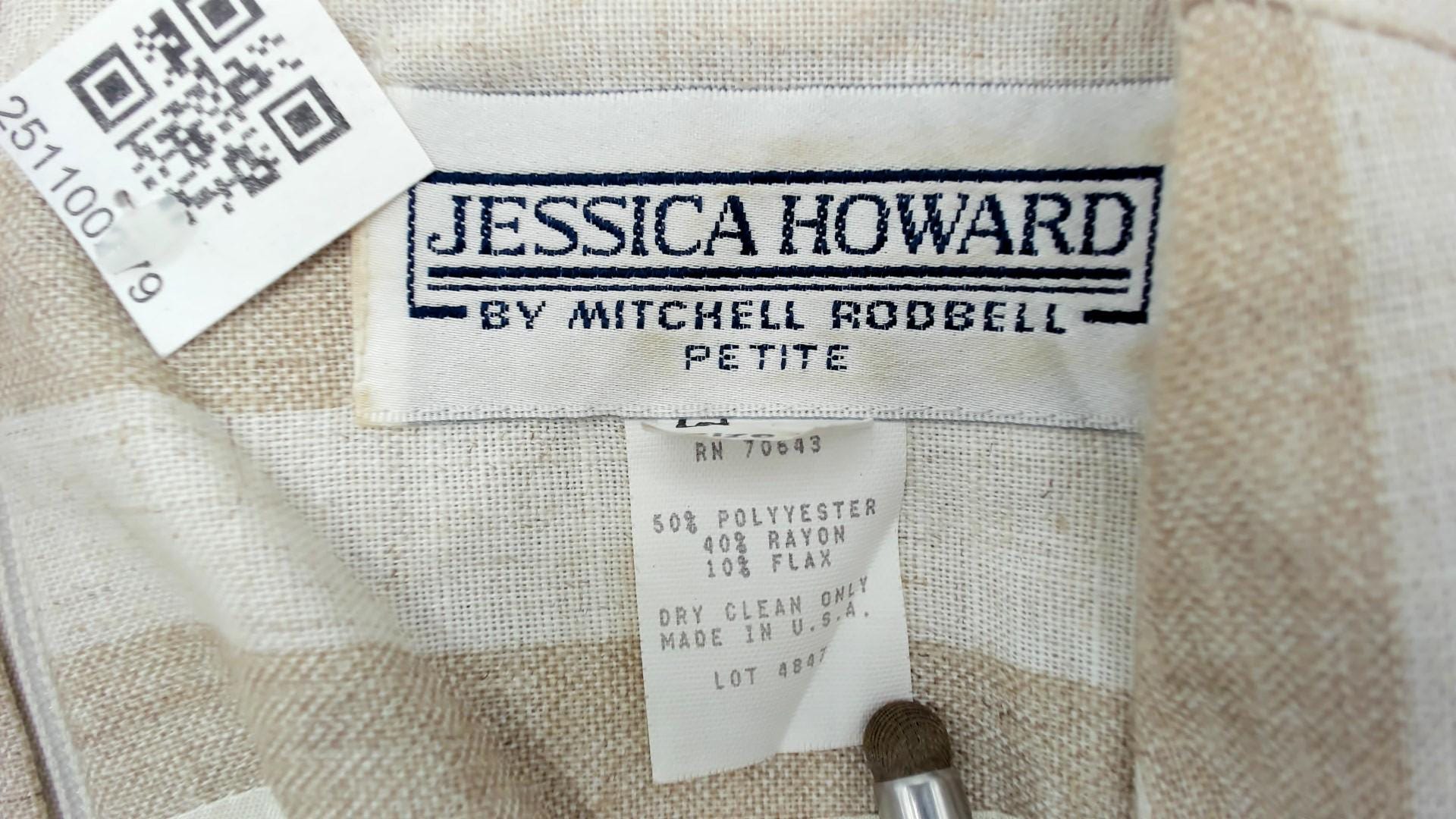 80s Jessica Howard Striped Dress Square Neckline Pleated Knee-Length Beige Medium