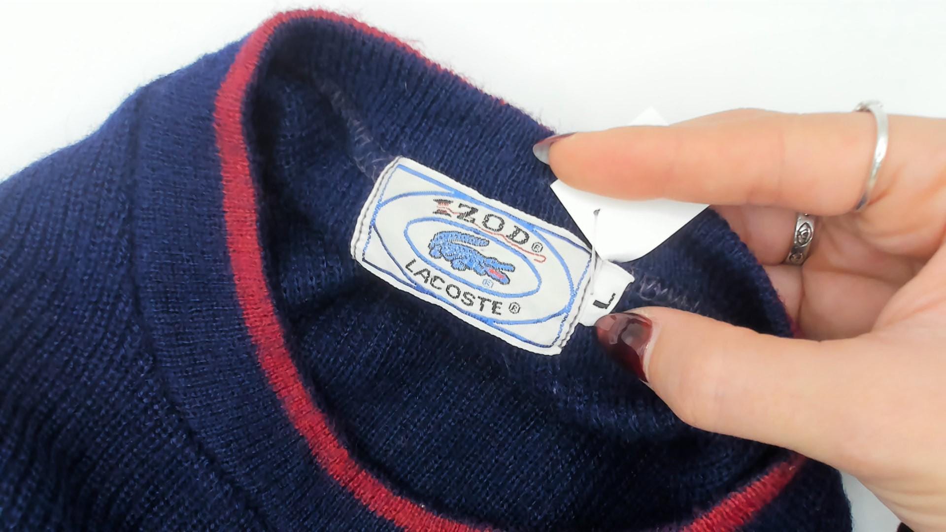 80s Izod Lacoste Navy Sweater Green Stripe Crocodile Crew Neck Large
