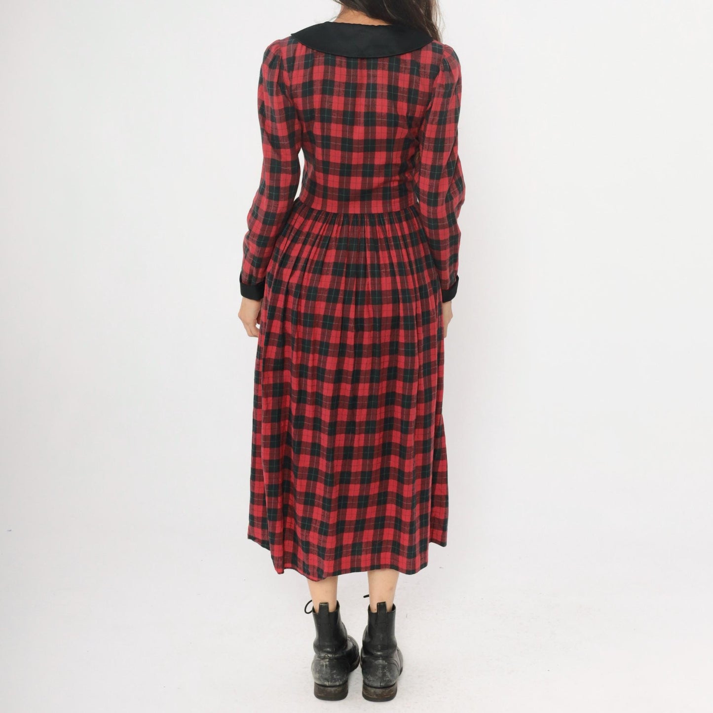 90s St Simon Red Black Plaid Midi Dress Peter Pan Collar Small S