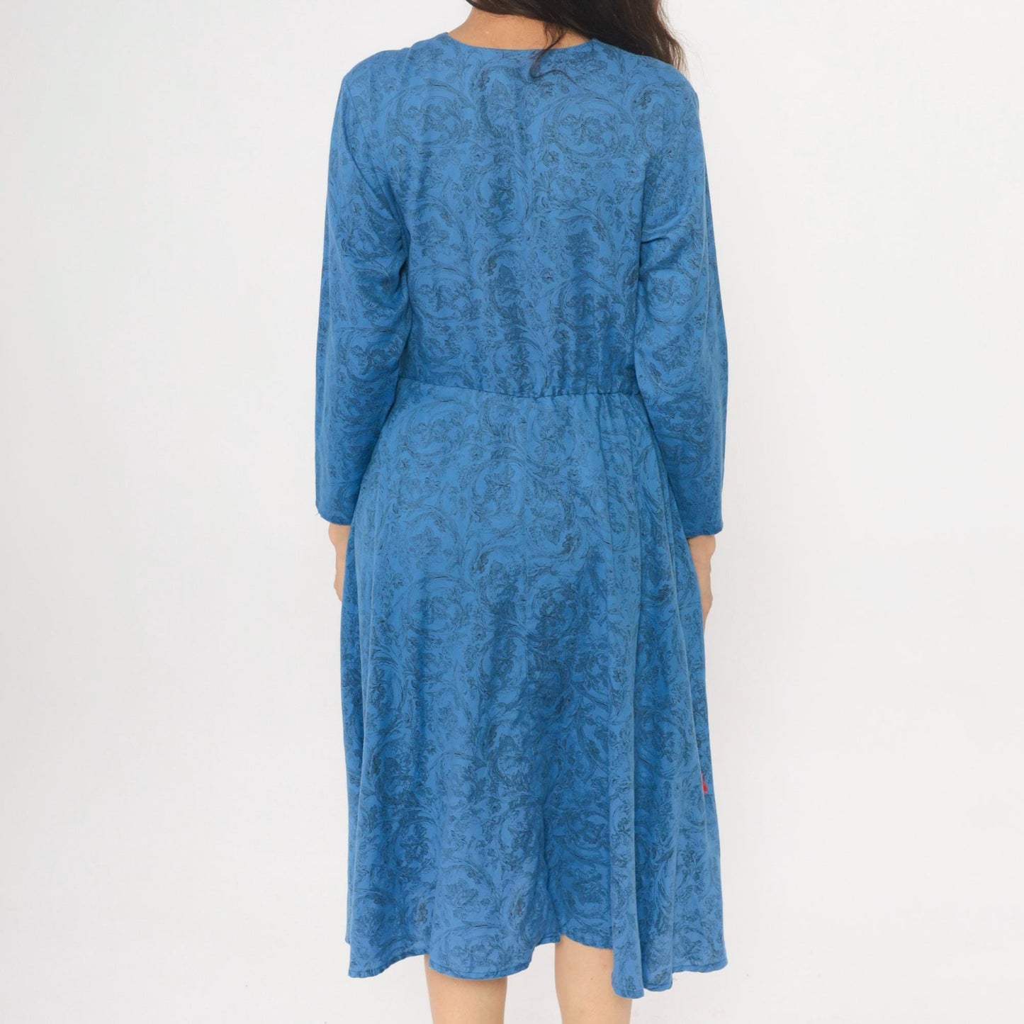 80s Blue Paisley Button-Front Dress V-Neck Long Sleeve Gathered Waist Medium M