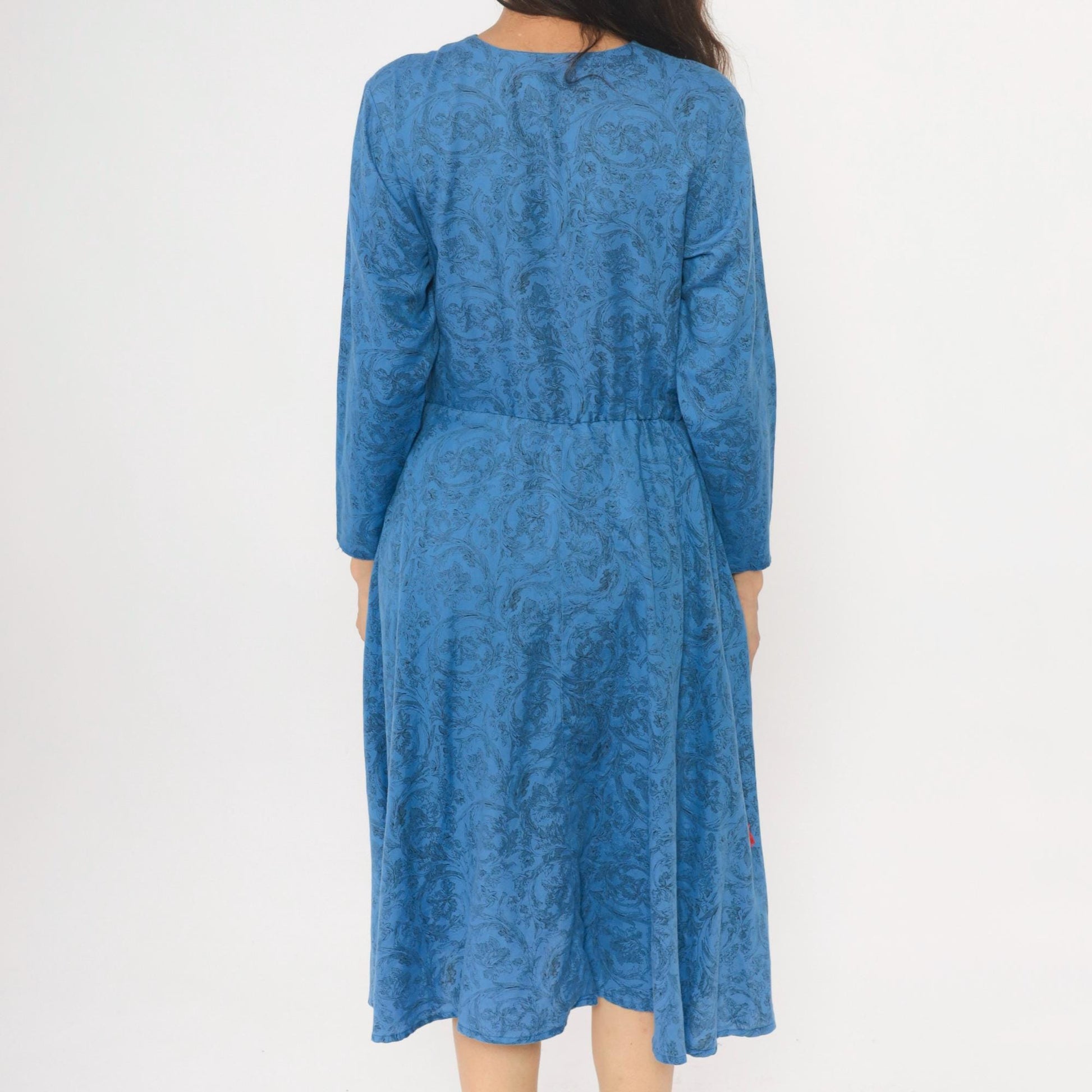 80s Blue Paisley Button-Front Dress V-Neck Long Sleeve Gathered Waist Medium M