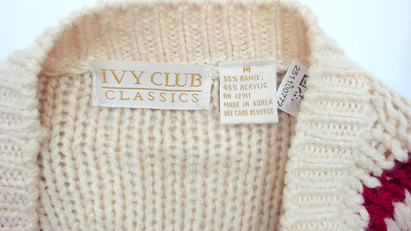 90s Fair Isle Cardigan Cream Cable Knit Button Front Nordic Pattern Medium M