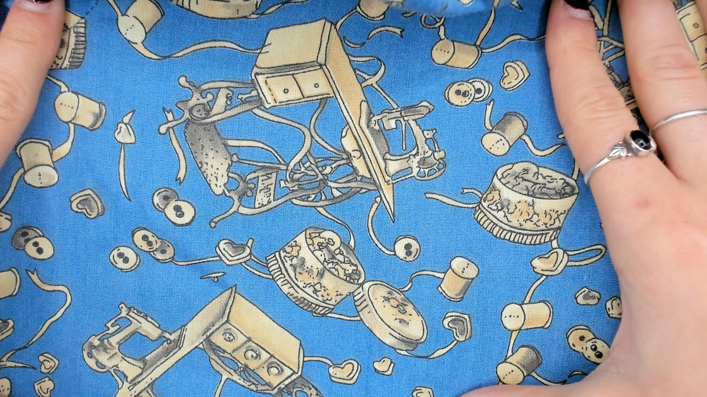 90s Zip n Dash Sewing Print Dress Blue Novelty Knee Length Medium