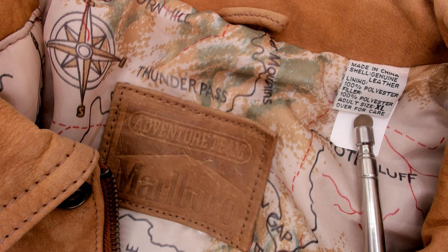 90s Marlboro Leather Bomber Jacket Tan Raglan Zip Front Map Lining Extra Large