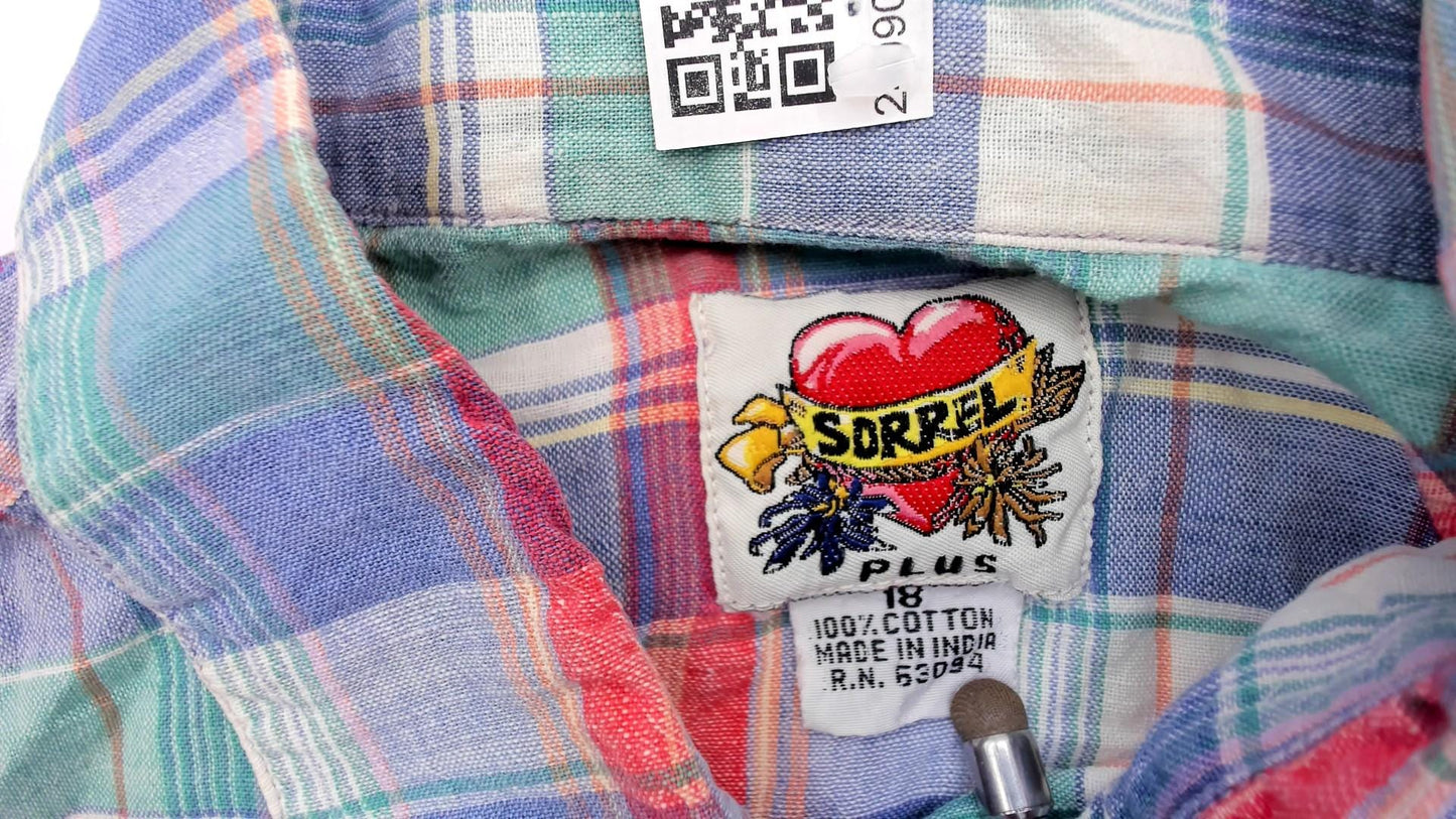 90s Sorrel Plaid Cropped Shirt Cotton Blue Green Pink White Checkered Large