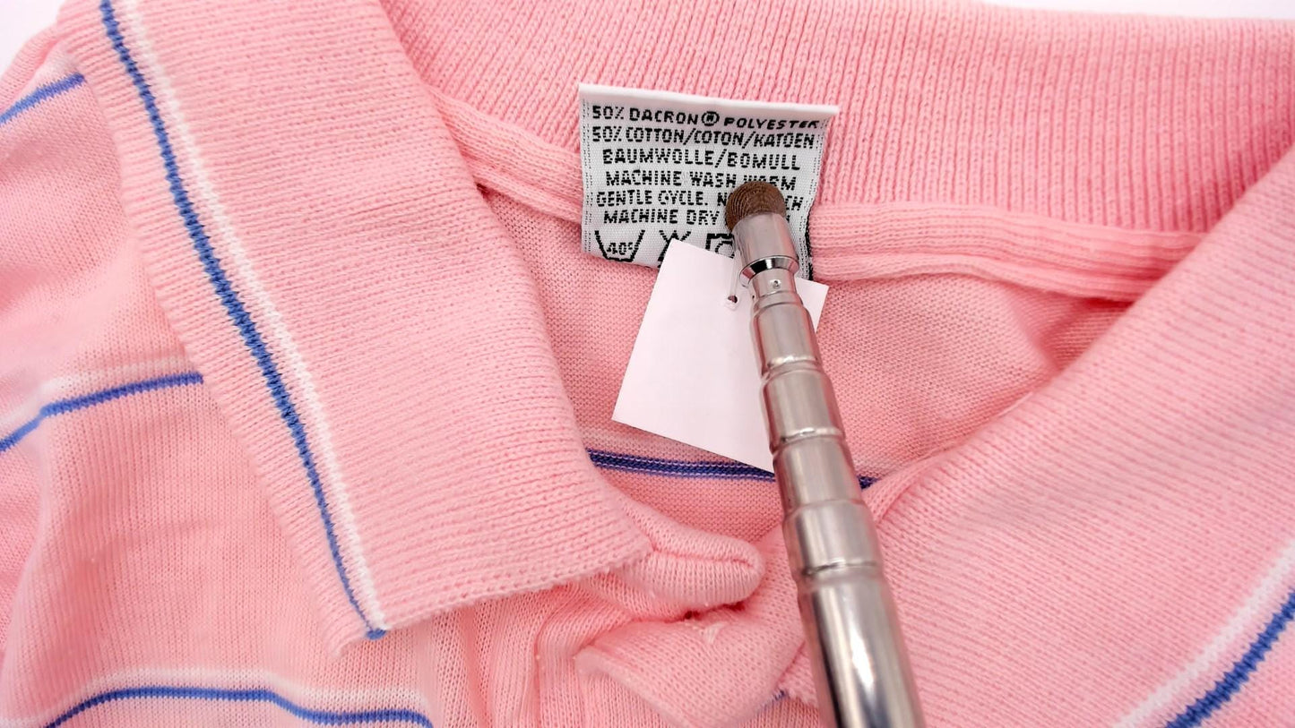 80s Le Tigre Polo Shirt Pink Blue Stripe Cotton Short Sleeve Small S