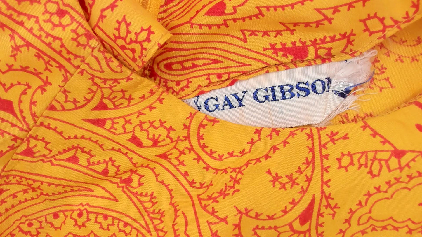 60s Gay Gibson Paisley Shift Dress Yellow Red Sleeveless XS