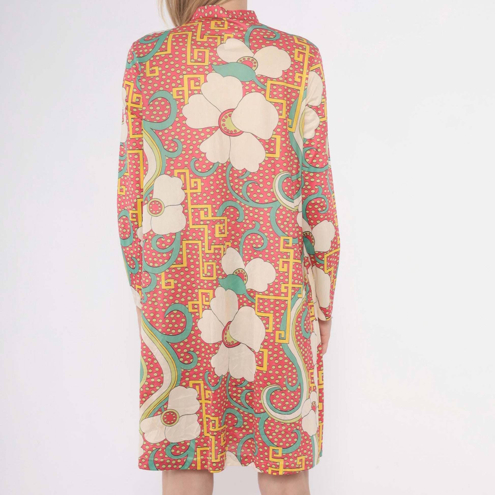 70s Psychedelic Floral Tunic Dress Pink Cream Mint Knee-Length Medium M