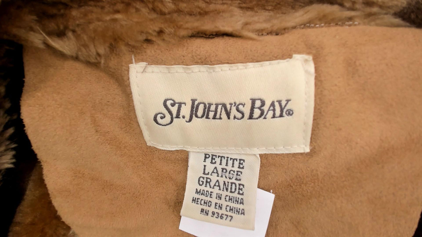 Y2K St Johns Bay Tan Faux Shearling Coat Fur-Trimmed Collar Petite Large