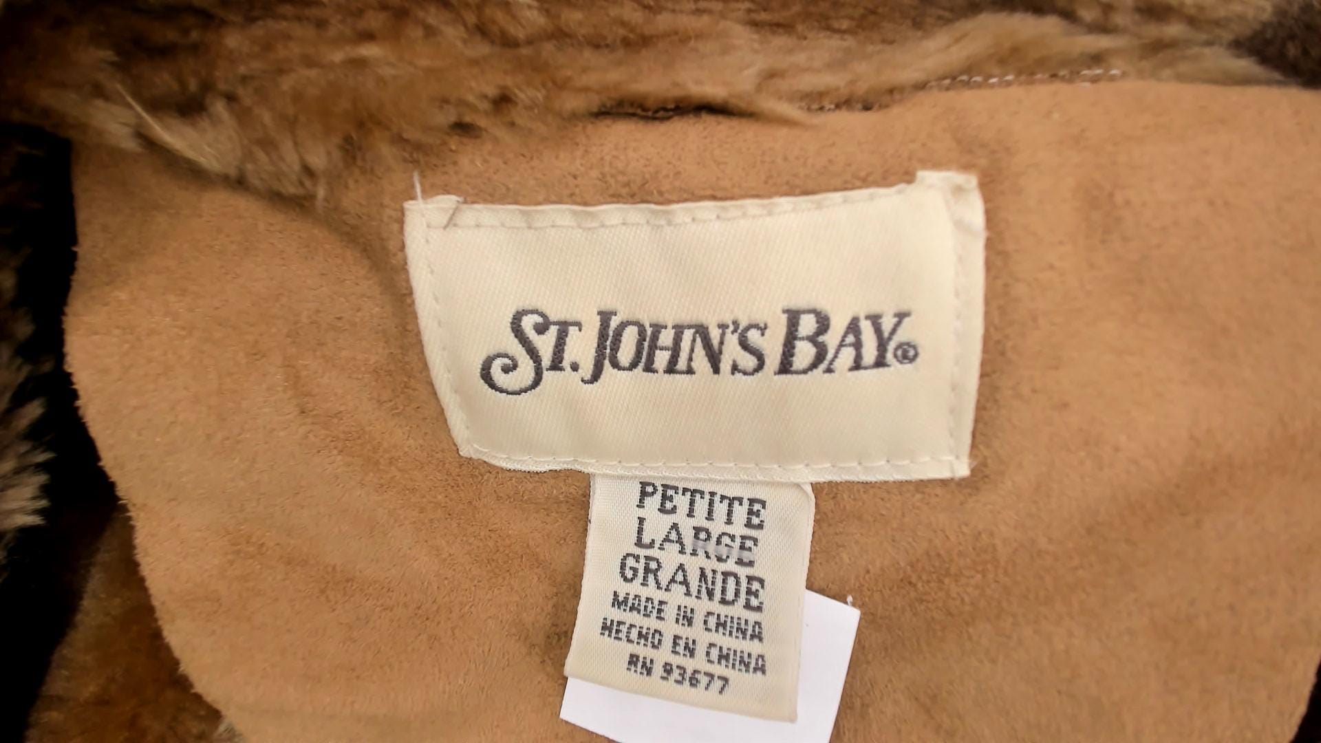 Y2K St Johns Bay Tan Faux Shearling Coat Fur-Trimmed Collar Petite Large