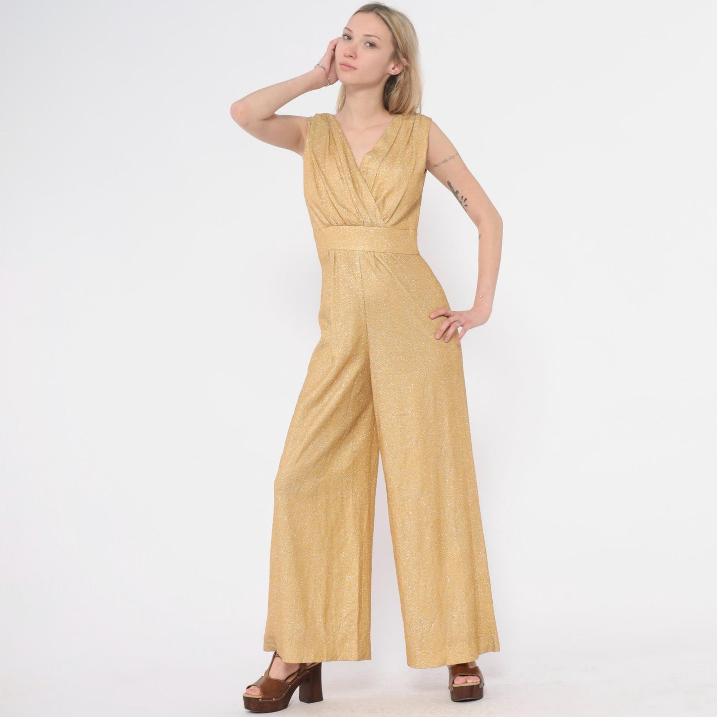 70s Gold Metallic Jumpsuit Sleeveless V-Neck Wide Leg Spiegel Small