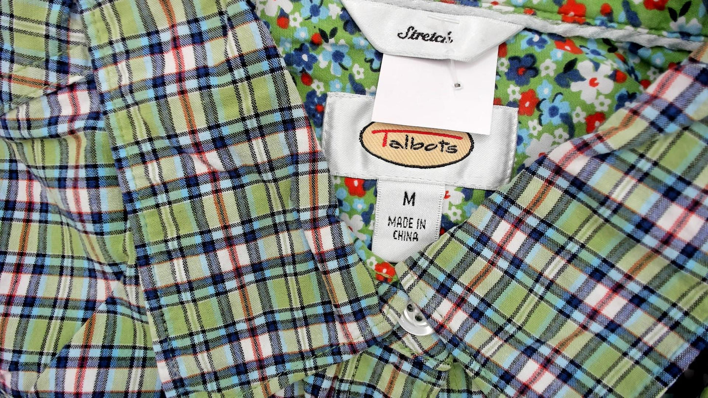 Y2K Talbots Plaid Button-Up Shirt Green Blue Floral Cuff Medium