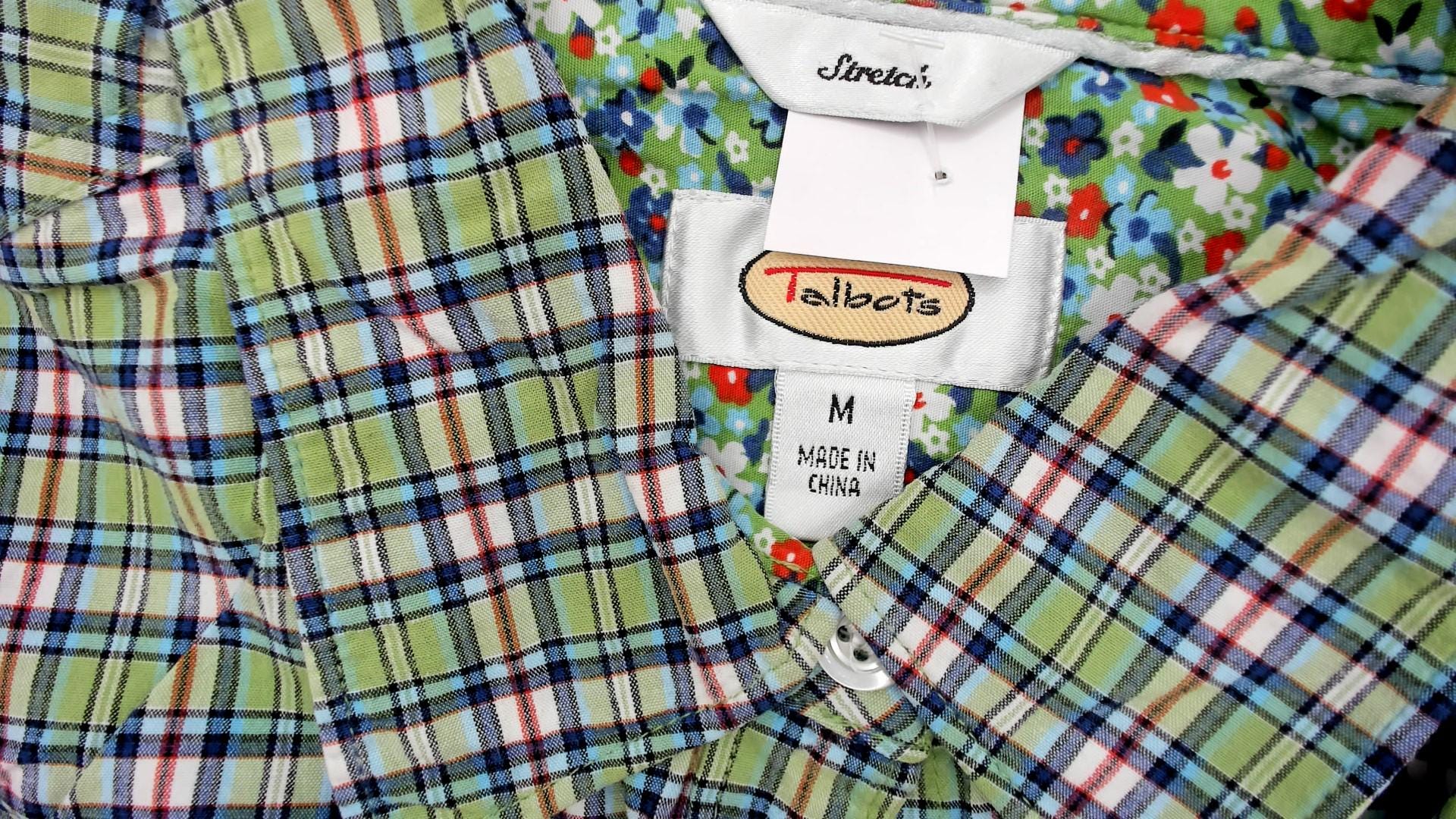 Y2K Talbots Plaid Button-Up Shirt Green Blue Floral Cuff Medium
