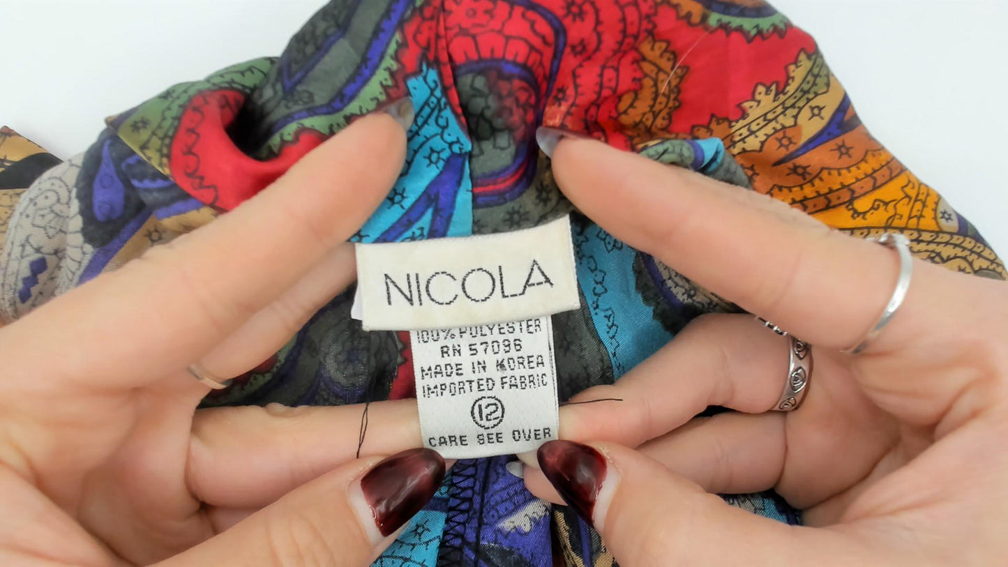 90s Nicola Paisley Wrap Blouse Multicolor Long Sleeve Large L