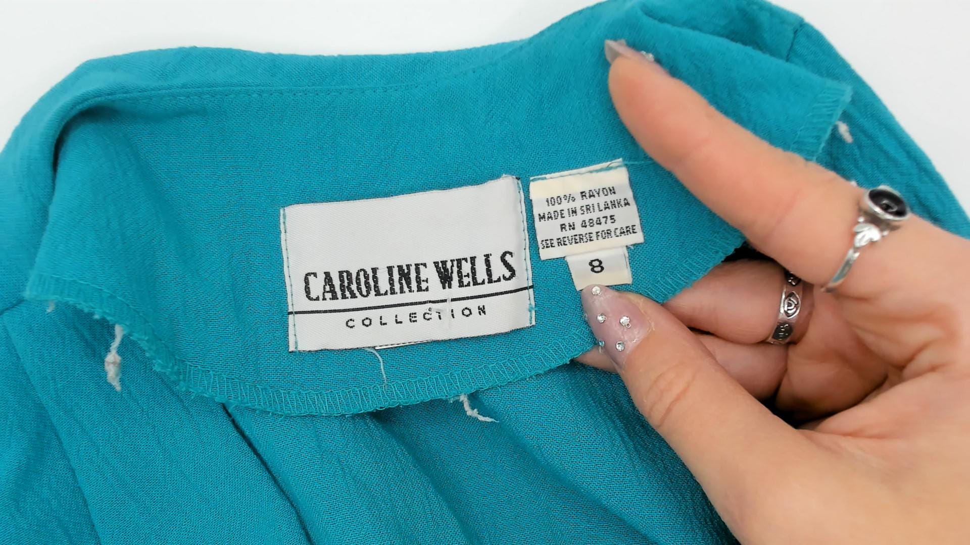 90s Caroline Wells Turquoise Floral Rayon Maxi Dress Short Sleeve Medium