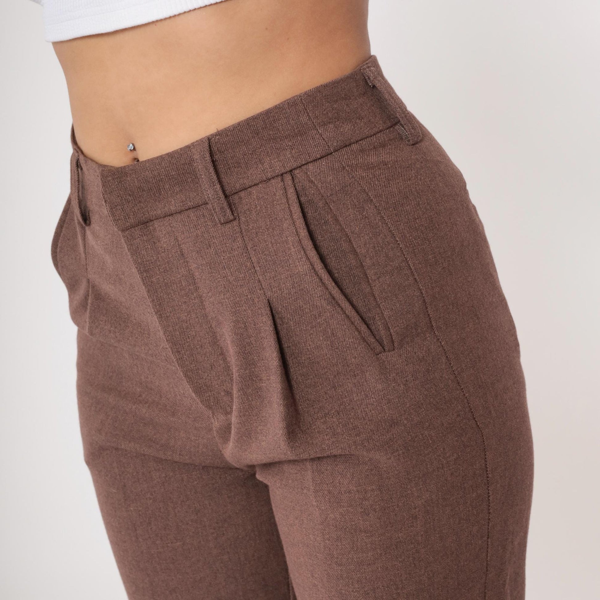 Y2K Brown Pleated Cropped Trousers Straight Leg High Waist Medium M