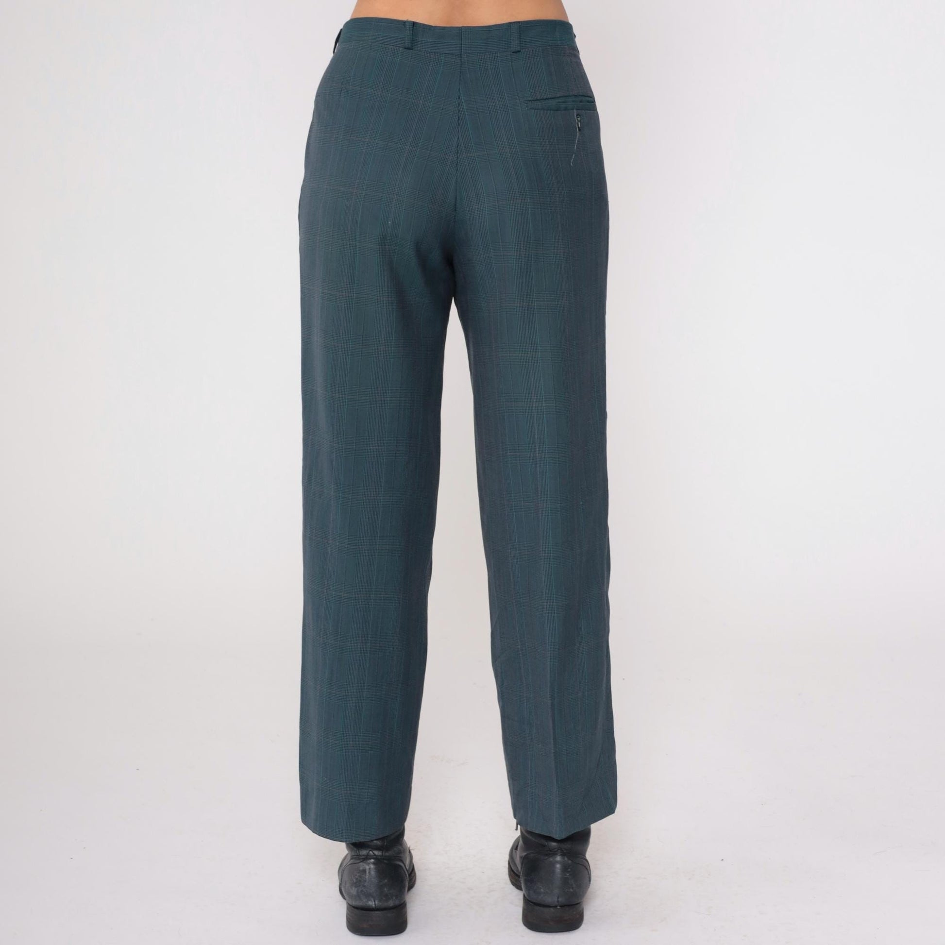 80s Dark Teal Plaid High Waist Straight Leg Trousers Pleated Large