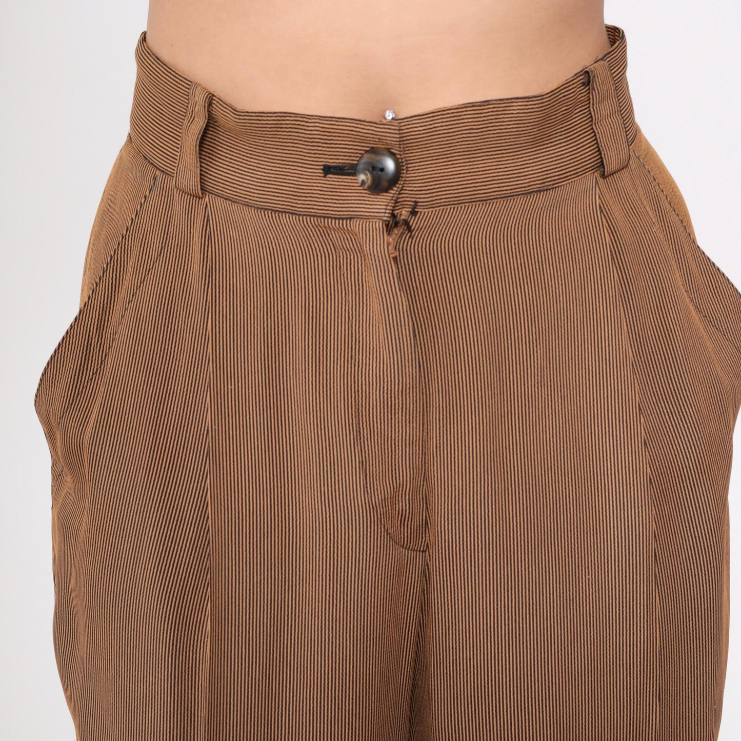 80s Emanuel Ungaro Pinstriped Trousers Brown Tan High Waist Pleated Medium