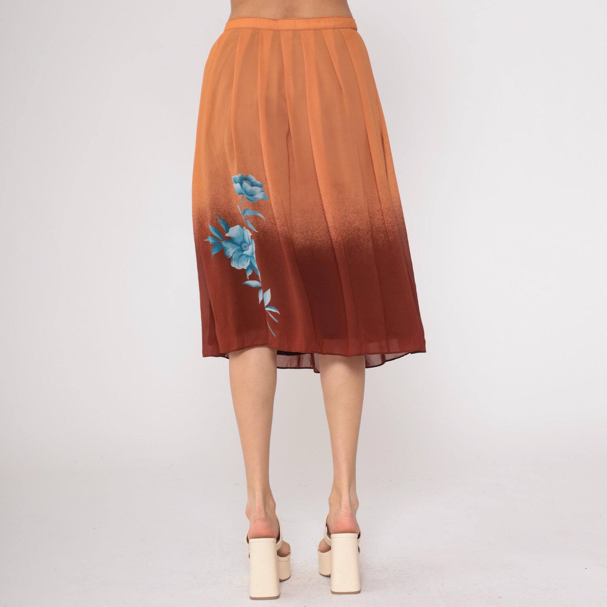 70s Peachy Brown Ombre Pleated Knee Skirt Blue Floral Small