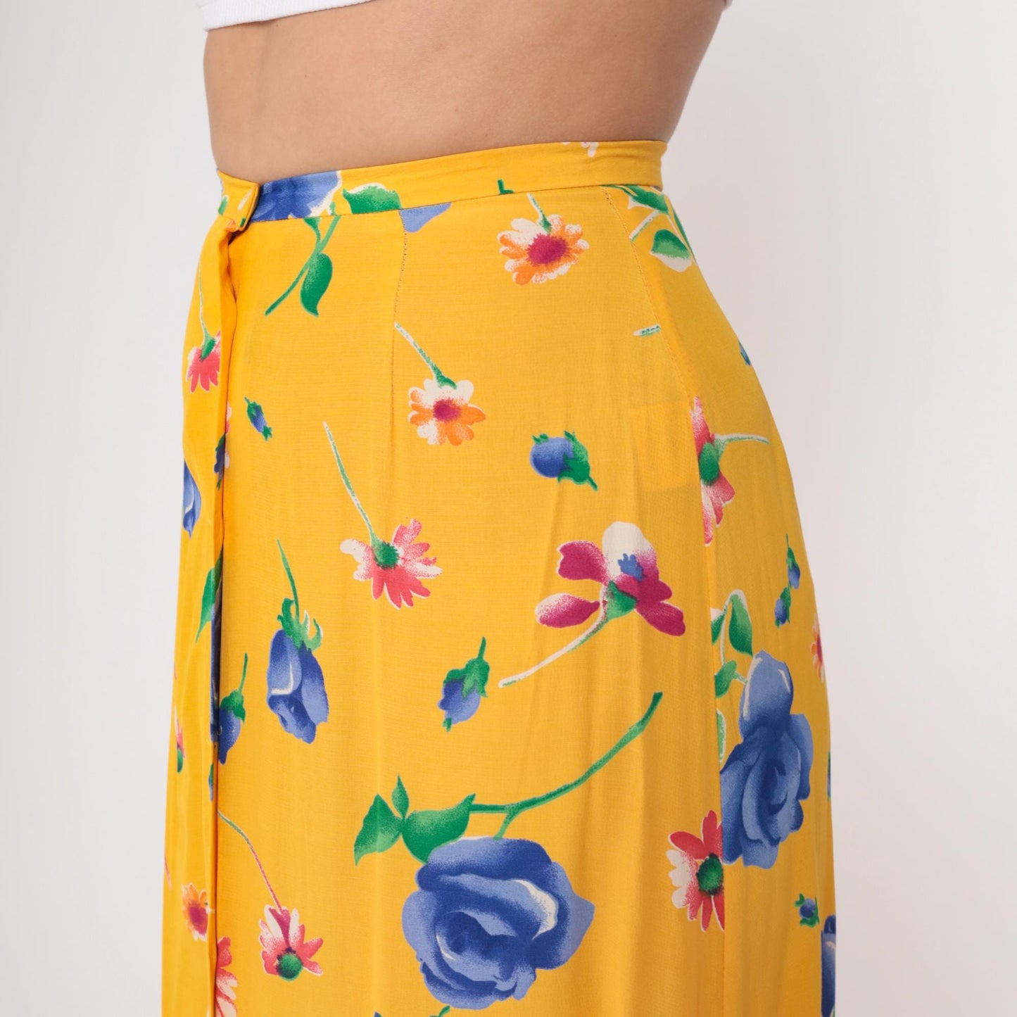 90s Breeches Yellow Floral Maxi Skirt Button Front Small