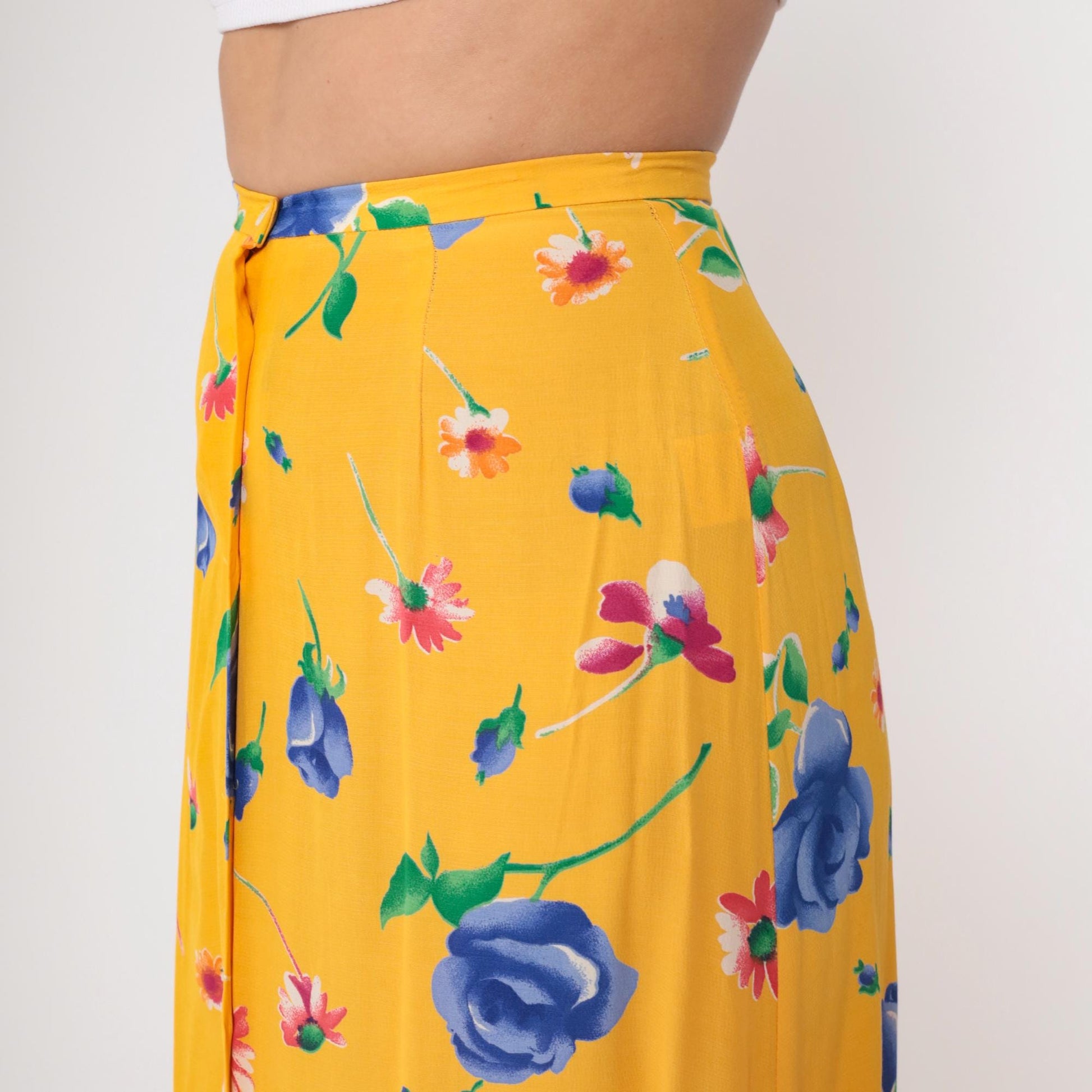 90s Breeches Yellow Floral Maxi Skirt Button Front Small