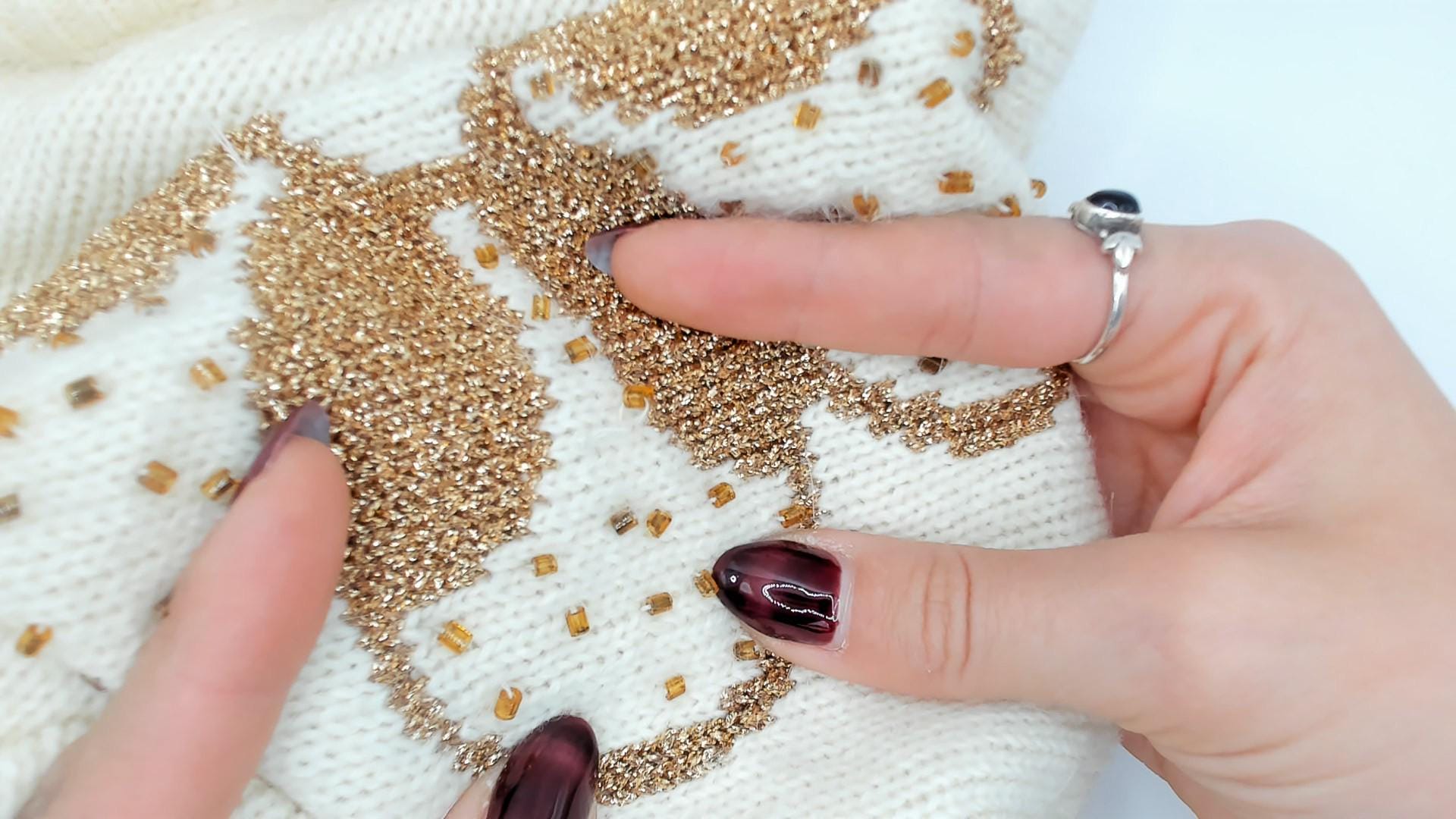 80s Nilani Cream Beaded Sweater Gold Floral Sequin Pullover Medium M