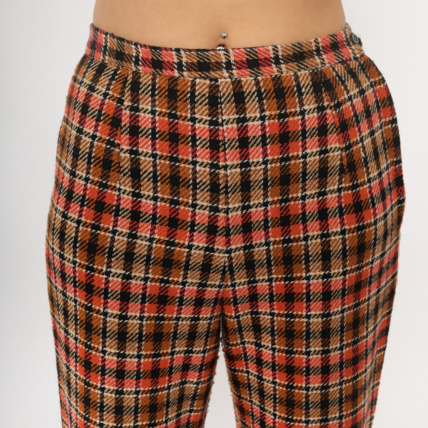 70s Plaid Wide Leg Trousers High Waisted Orange Brown Black Houndstooth Small