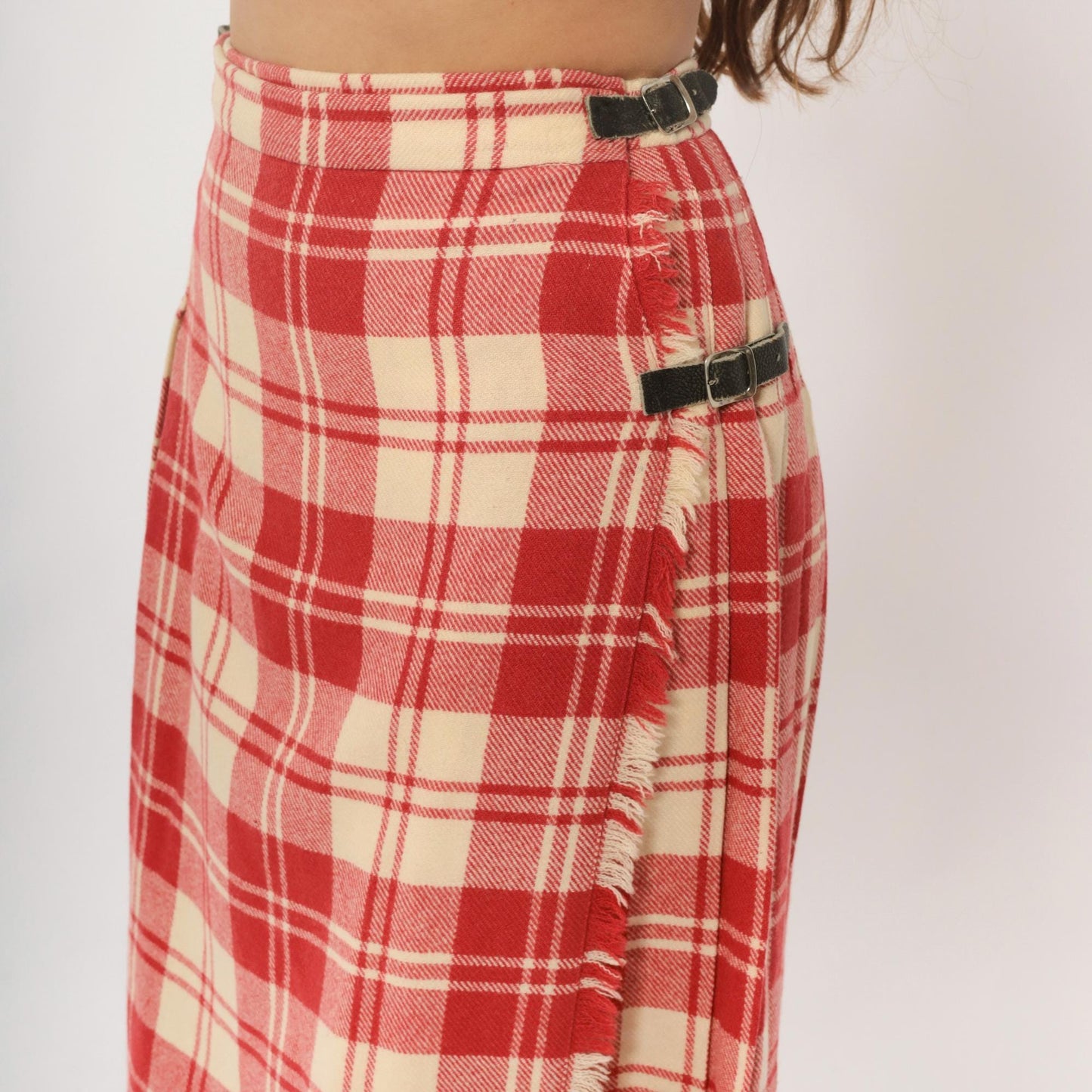 70s Laird Portch Tartan Wool Kilt Skirt Red Cream Pleated Wrap Small Medium