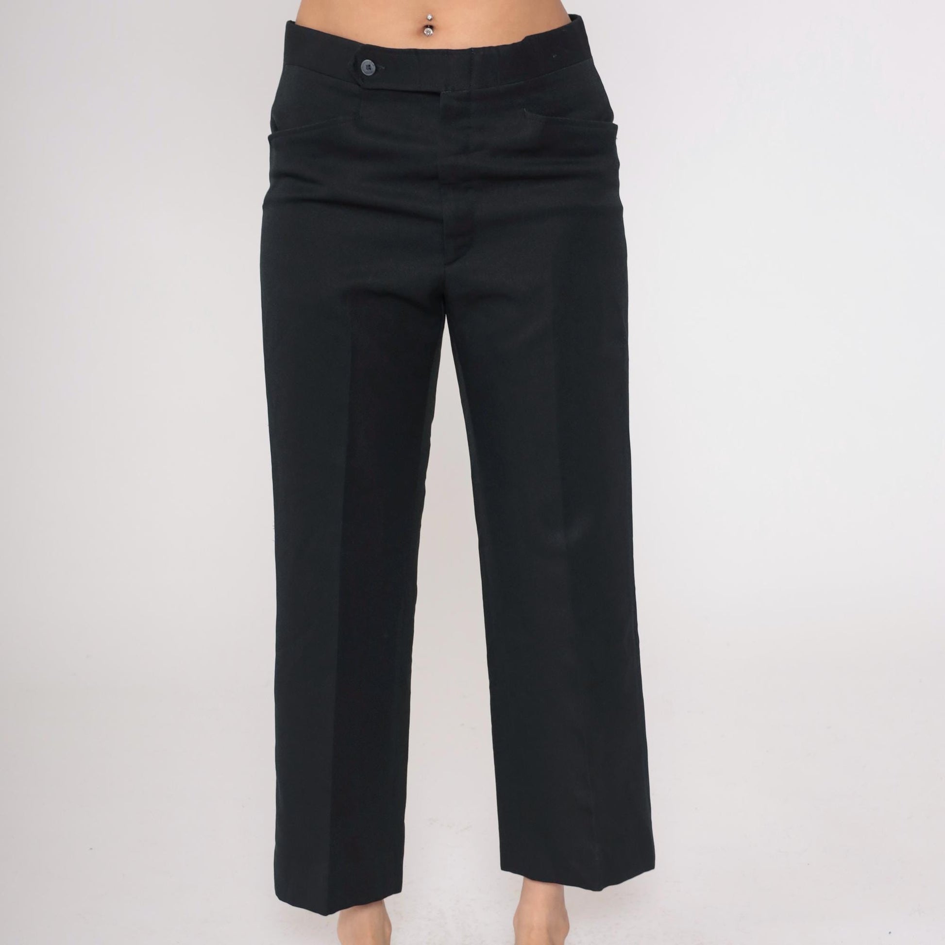 70s Black Expand-O-Matic High Waist Straight Leg Trousers Cropped Medium