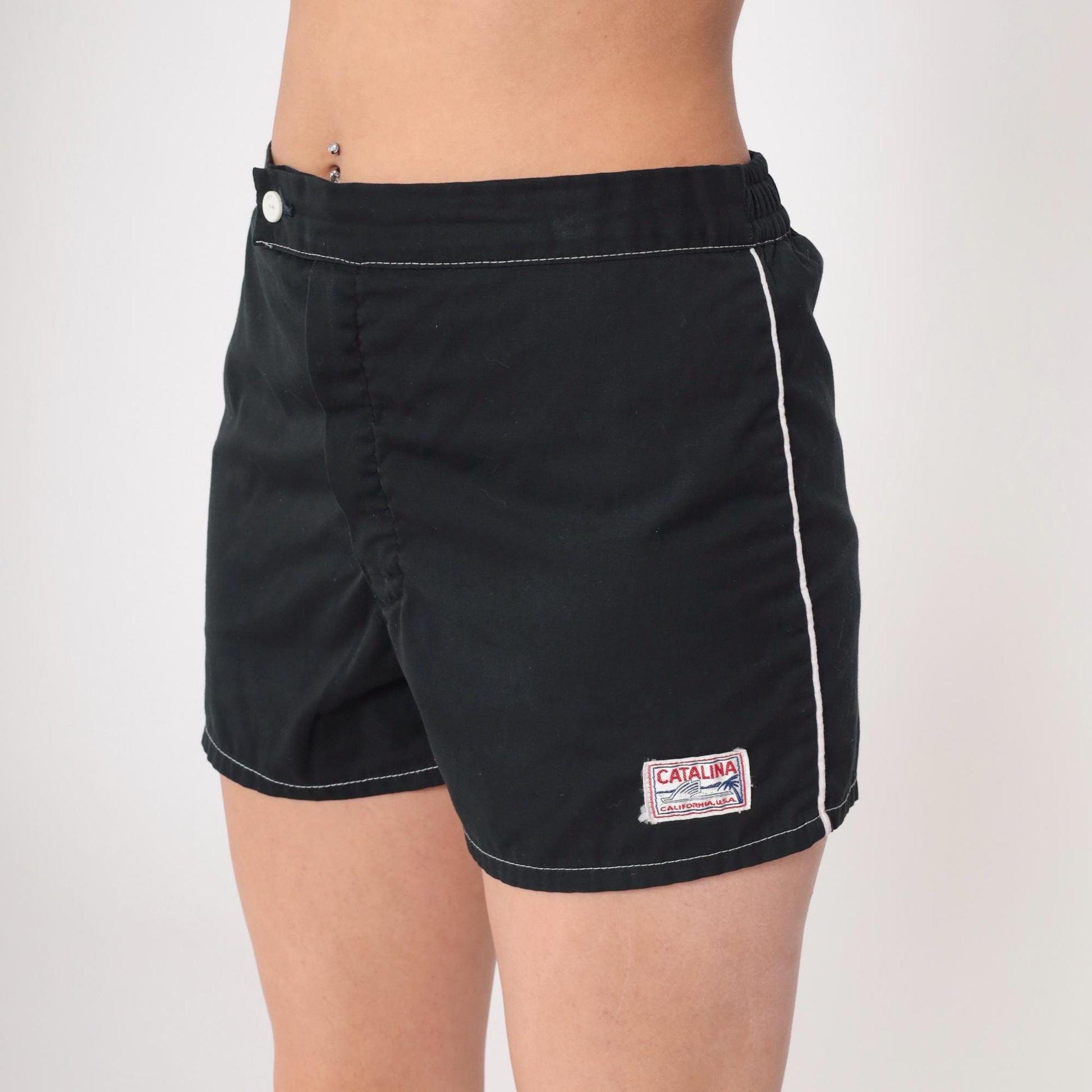 70s Catalina Black Swim Shorts White Contrast Stitching Elastic Waist Large