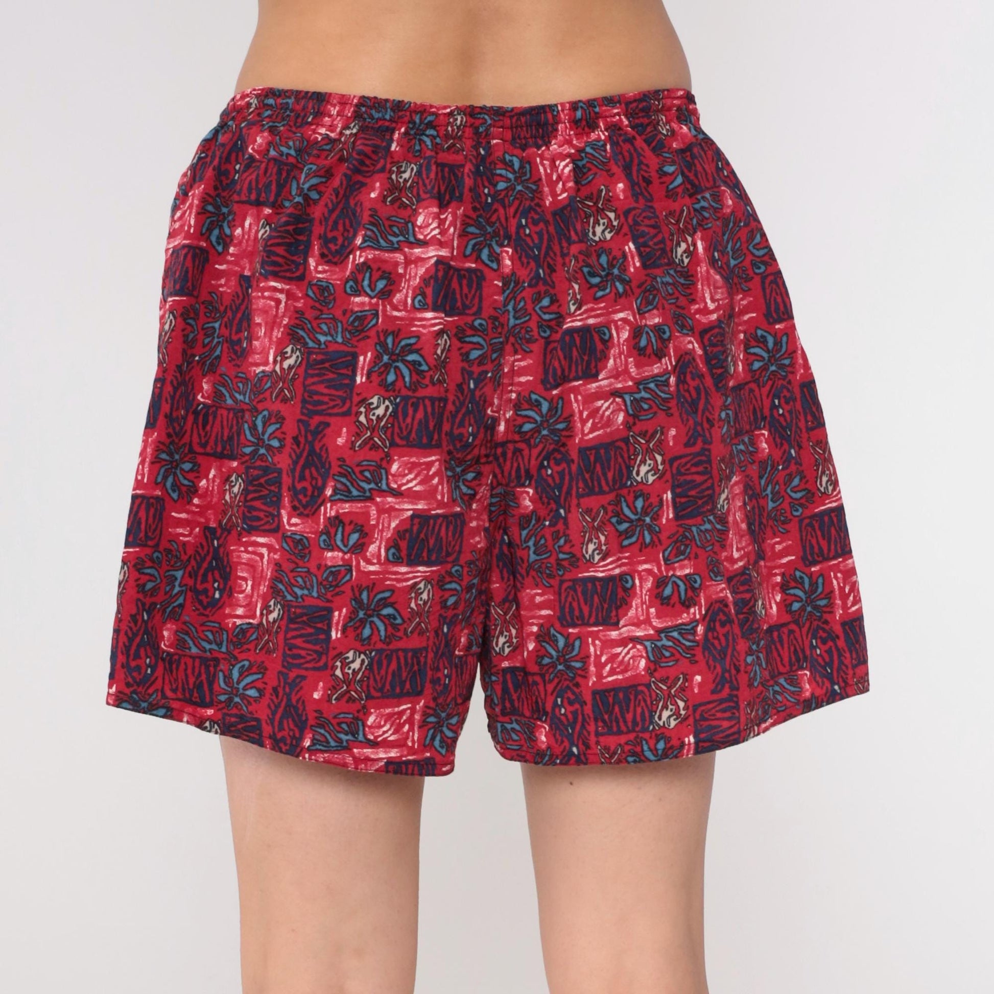 90s Newport Blue Tropical Swim Shorts Red Floral High Rise Medium