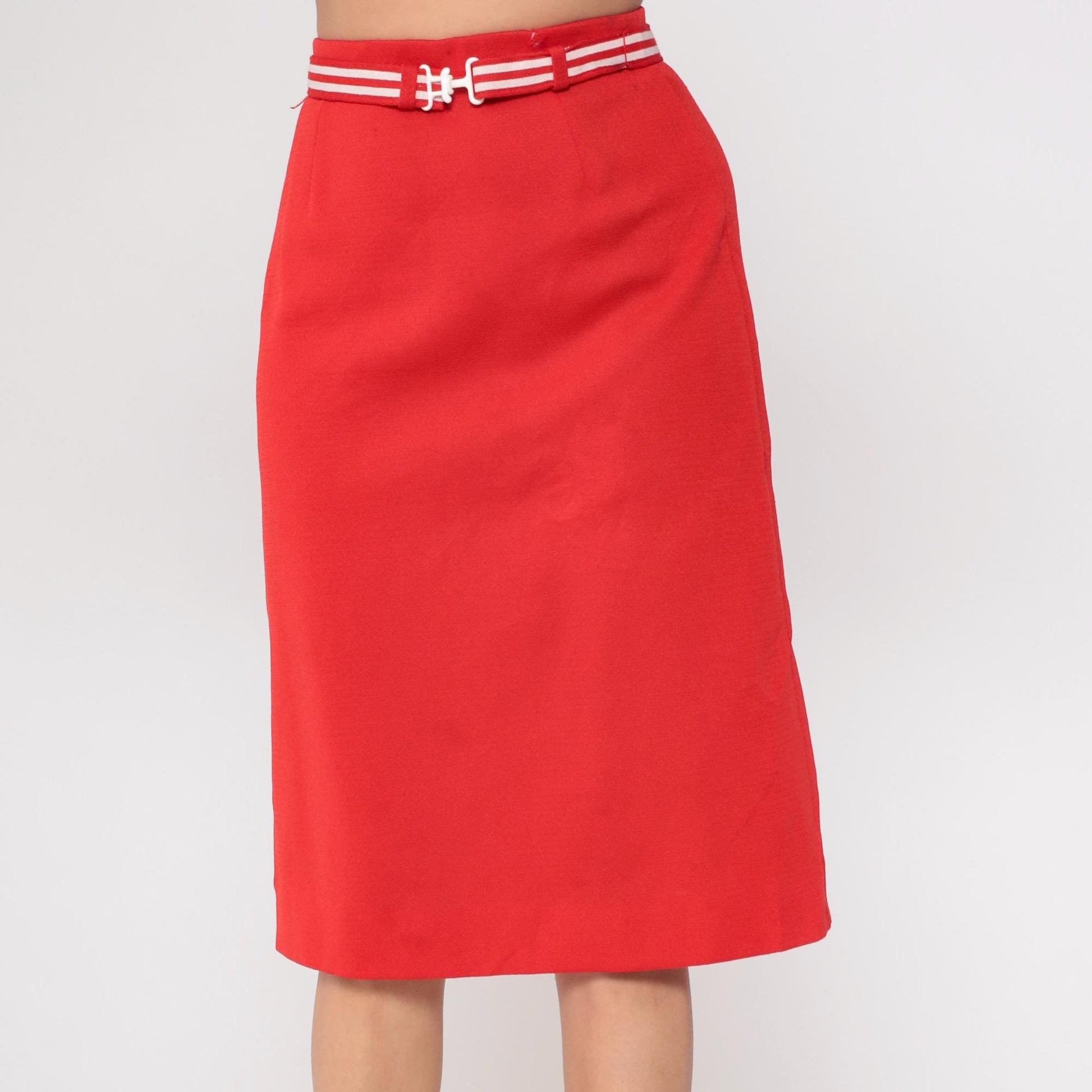 80s Act 3 Red Pencil Skirt White Striped Belt Knee-Length Medium