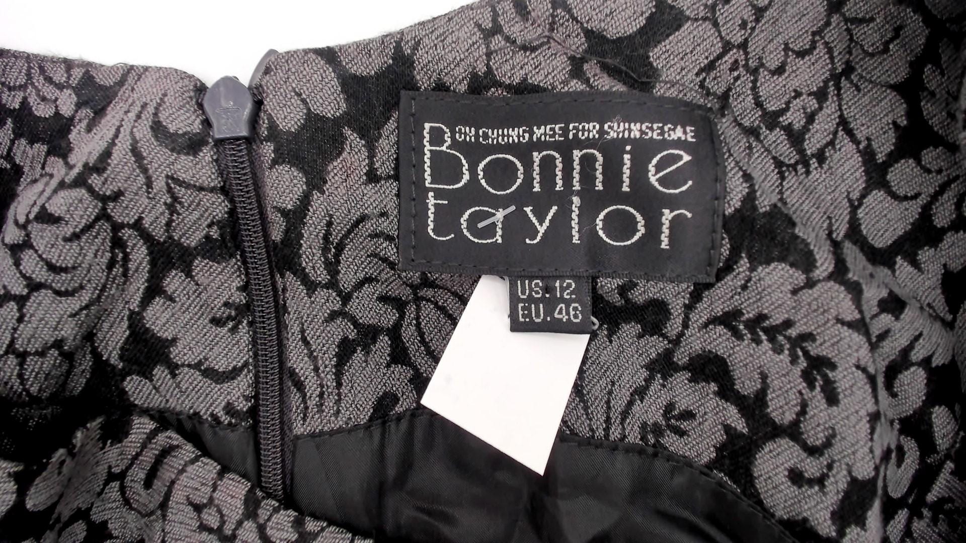 90s Bonnie Taylor Grey Floral Damask Dress V Neck Sleeveless Large L
