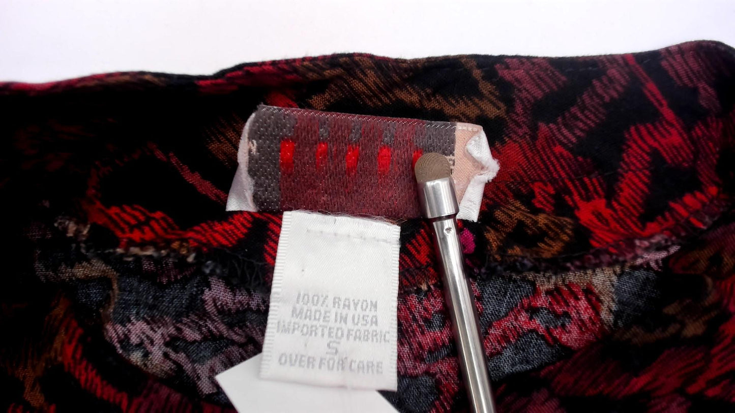 90s Melrose Sport Abstract Geometric Blouse V-Neck Burgundy Small S
