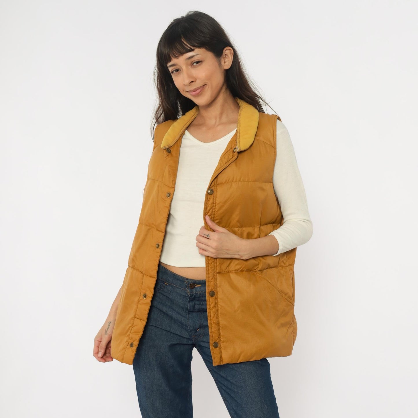 80s Eddie Bauer Down Vest Mustard Yellow Quilted Snap Front Large L