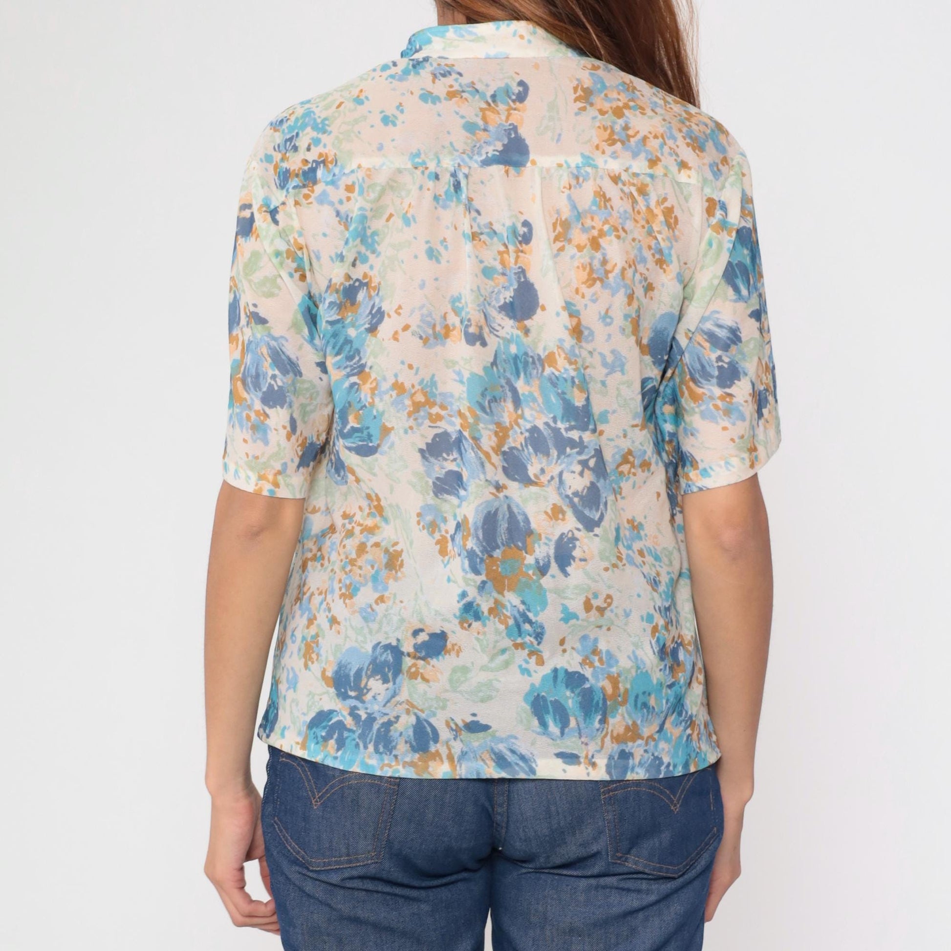 70s Floral Blouse Watercolor Print Blue Cream Sage Mandarin Collar Medium M