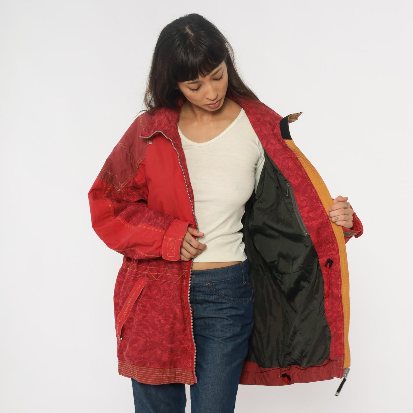 80s Obermeyer Red Nylon Windbreaker Ski Jacket Colour-Block Extra Large XL