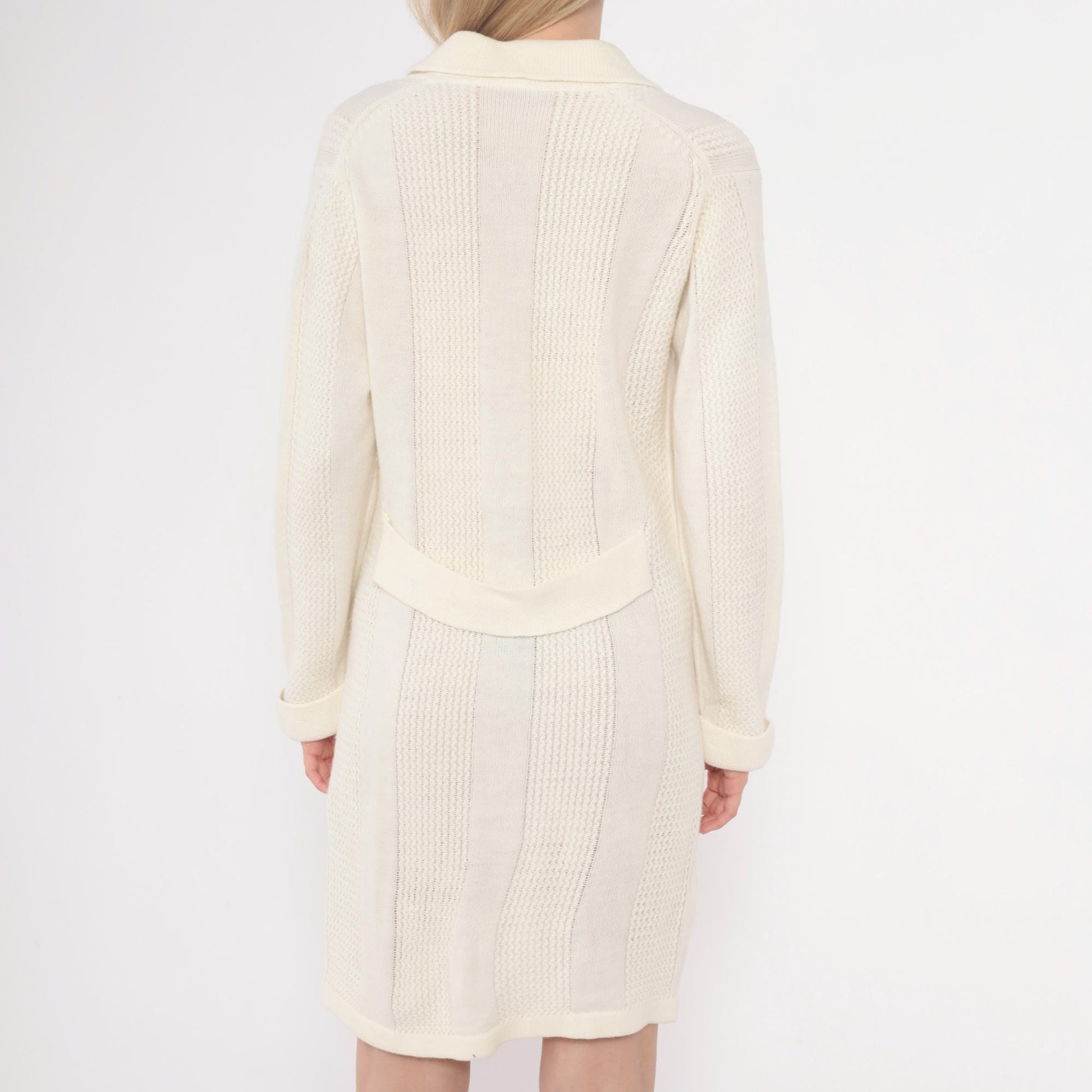 70s Cream Cable Knit Cardigan Dress Collared Button Front Large L