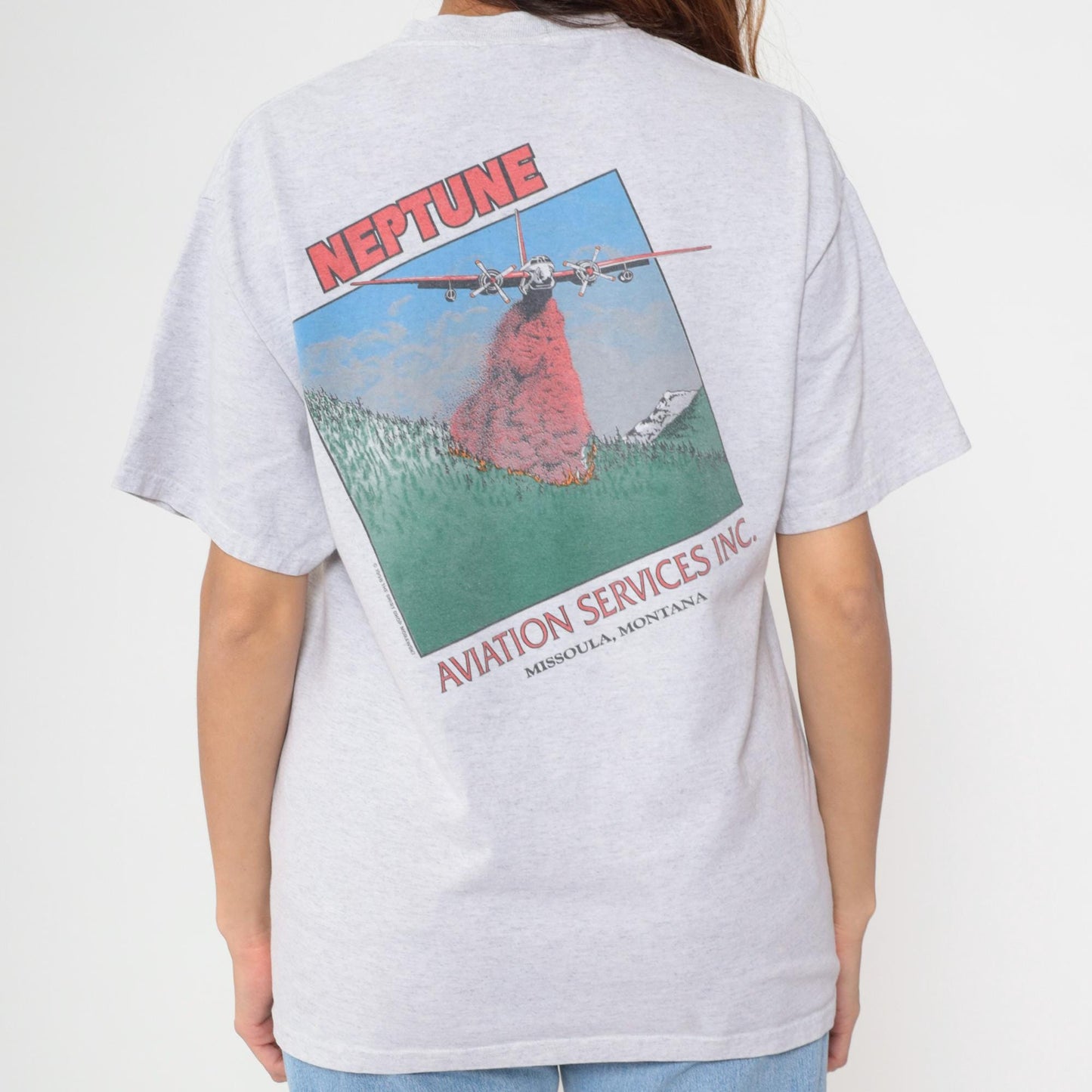 Y2K Neptune Aviation Services Missoula Montana Graphic Tee Grey Large L