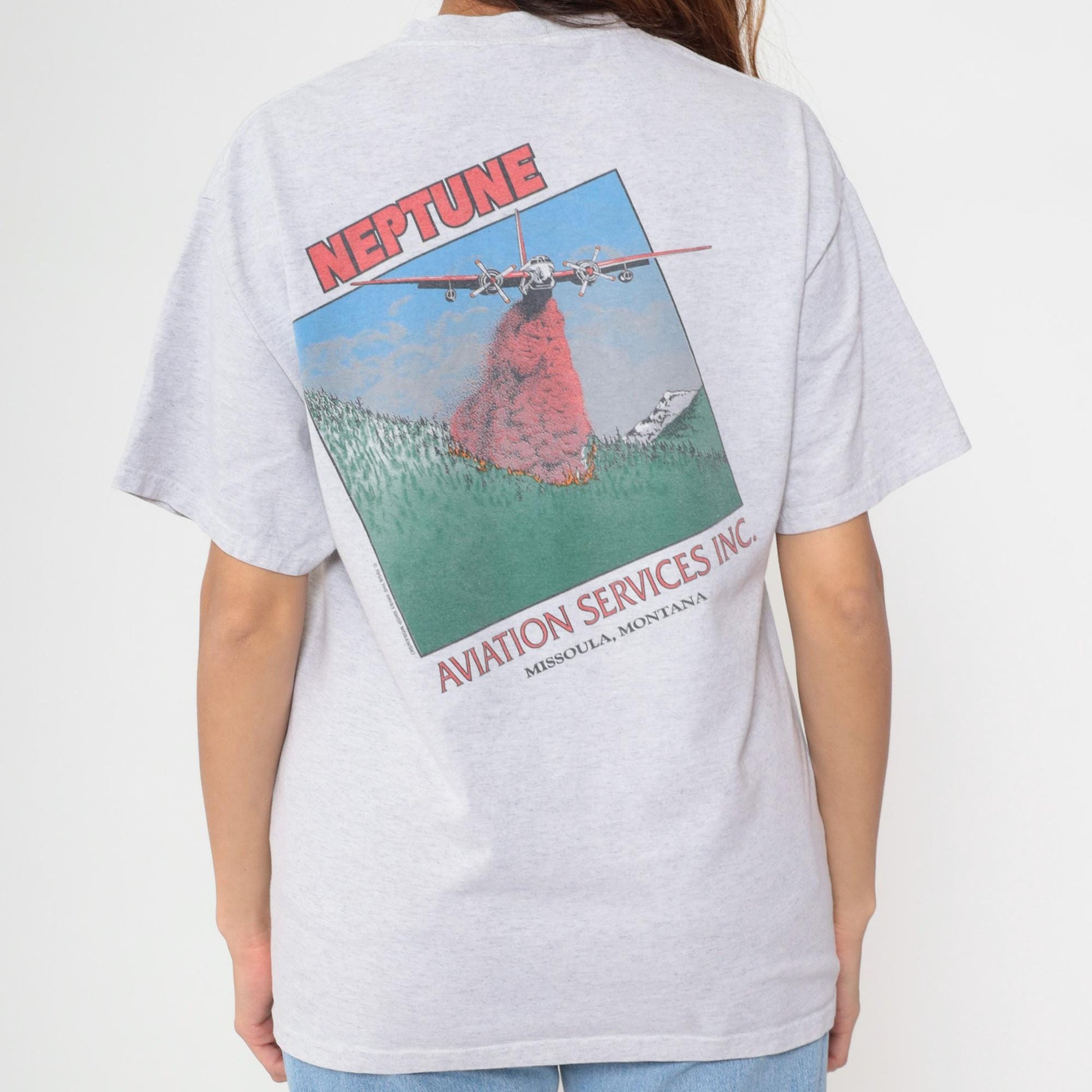 Y2K Neptune Aviation Services Missoula Montana Graphic Tee Grey Large L