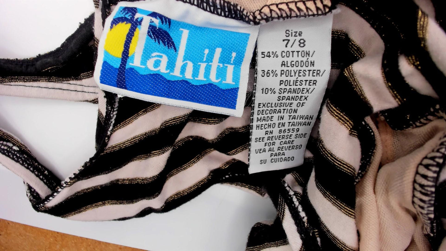 90s Tahiti Black White Striped Nautical One-Piece Swimsuit Anchor Medium