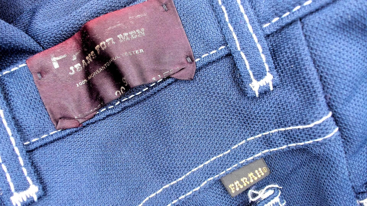 70s Farah Flared Pants Teal Blue White Stitching Low Rise Bell Bottom Large