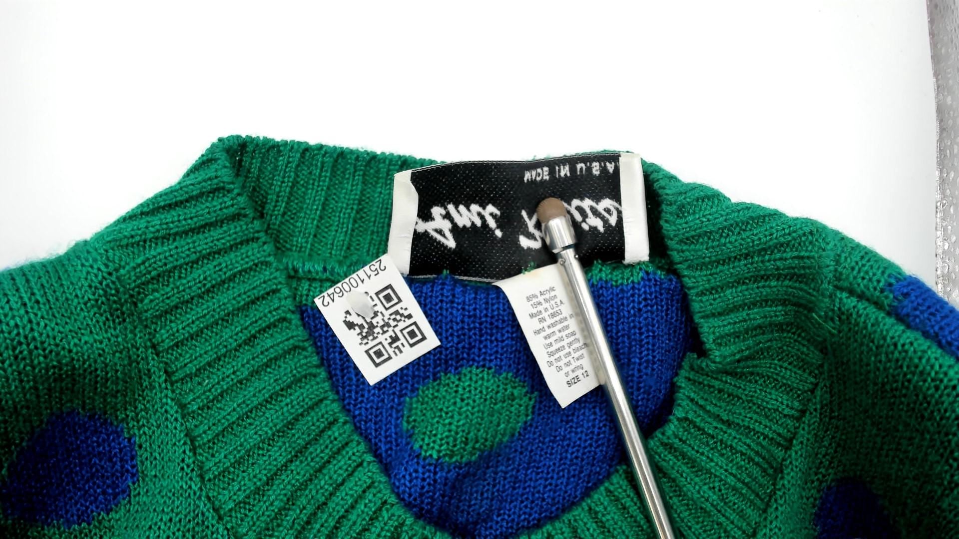 80s Ami Knits Cardigan Green Polka Dot Blue Striped Sleeves Large L