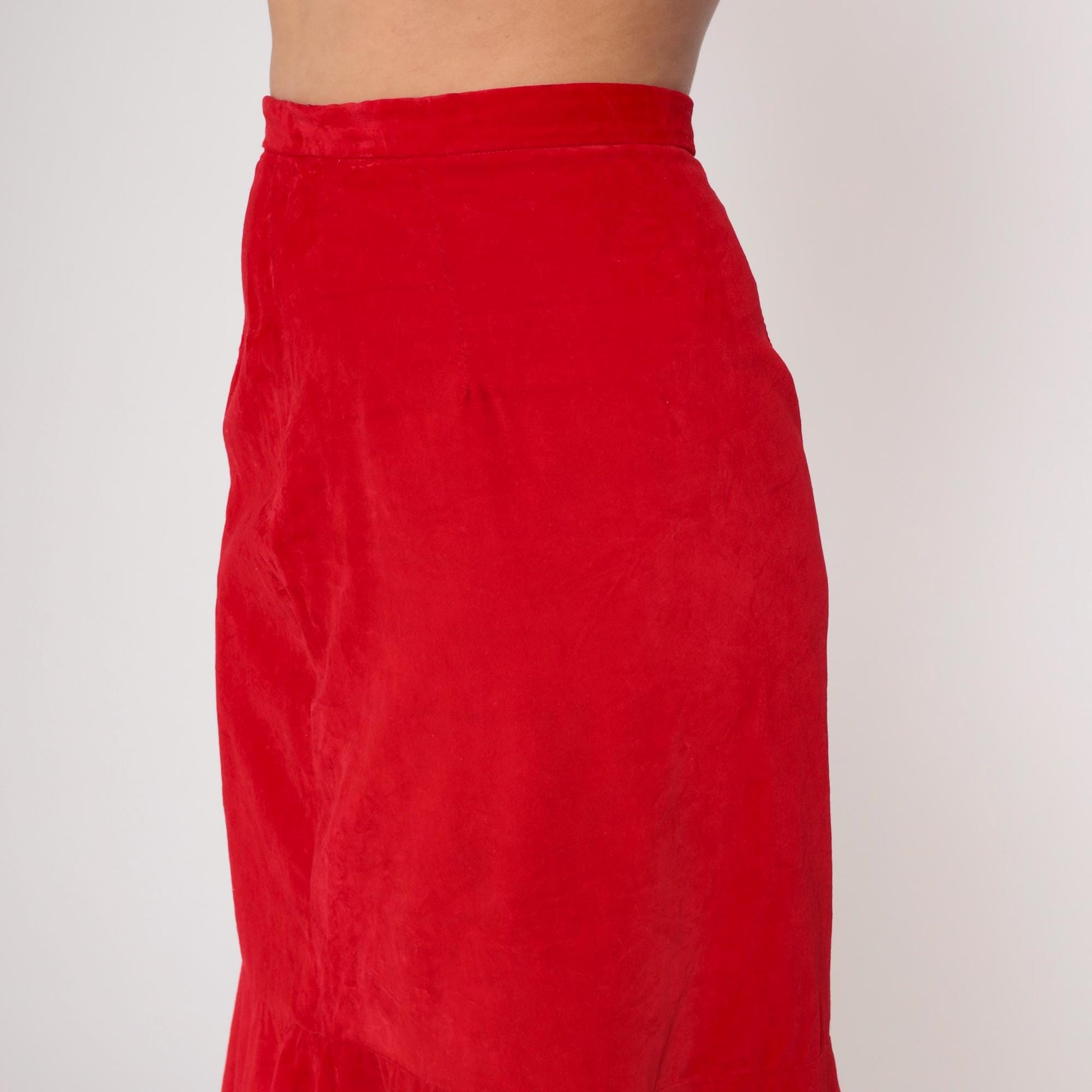 70s Red Velvet Midi Skirt Bucaretti High Waisted Trumpet Flare Small