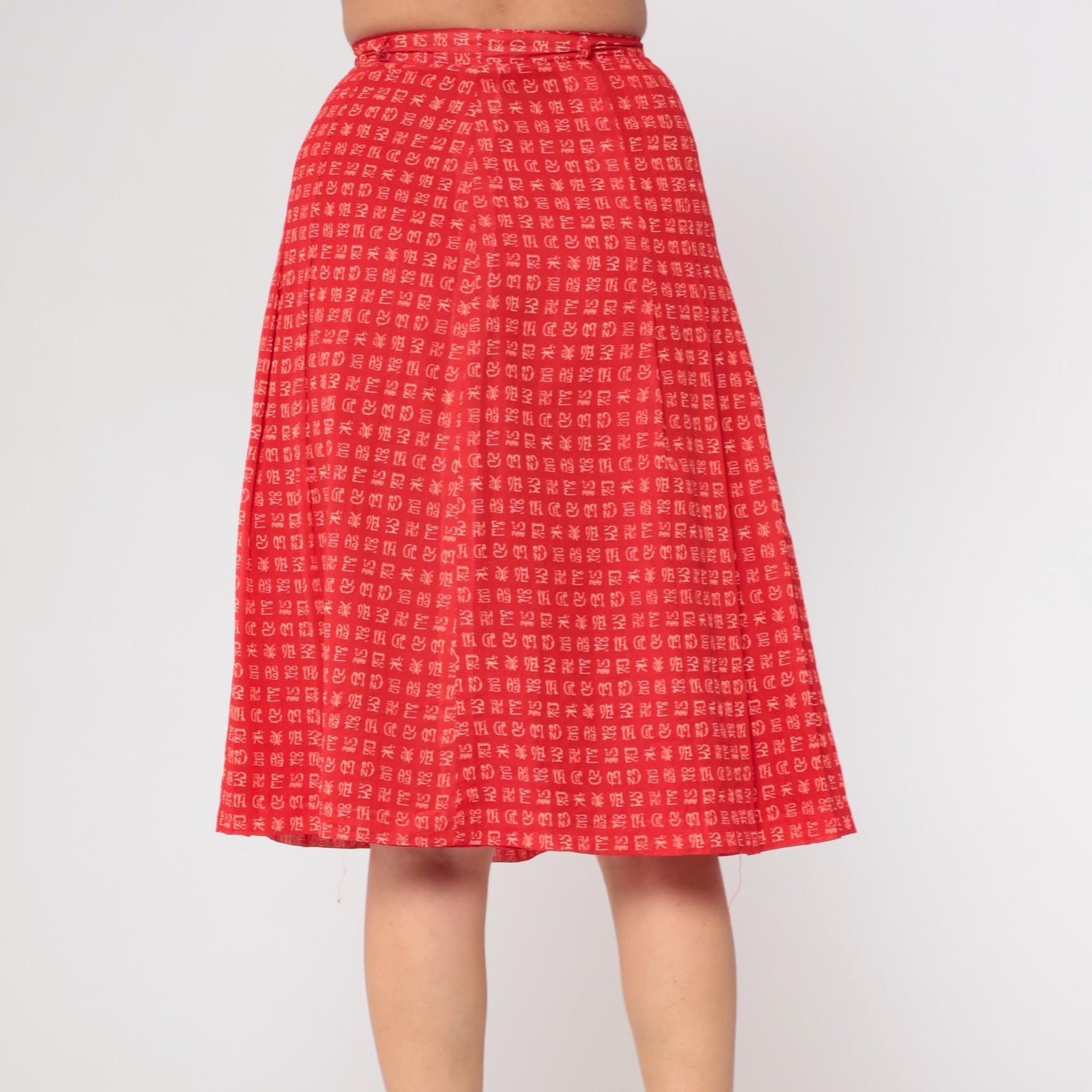 80s Red A-Line Mini Skirt Chinese Character Print High Waist Extra Small