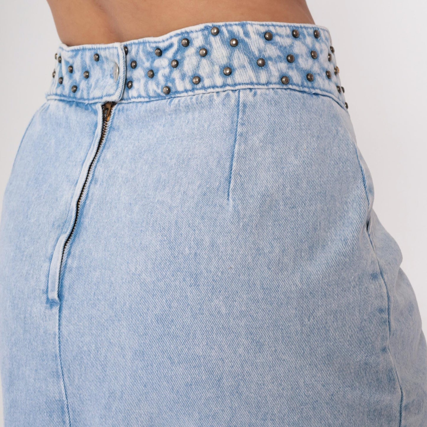 90s Opal Light Blue Studded Denim Mini Skirt Rhinestone High Waist Medium